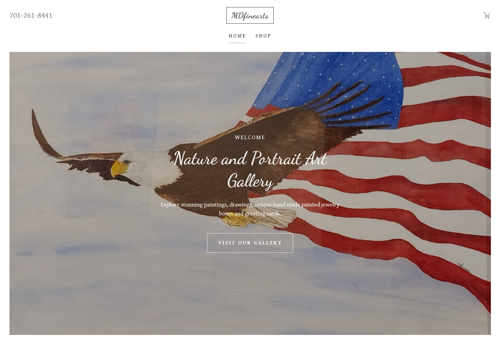 MDfinearts website homepage showing a watercolor painting of an eagle in front of an American flag