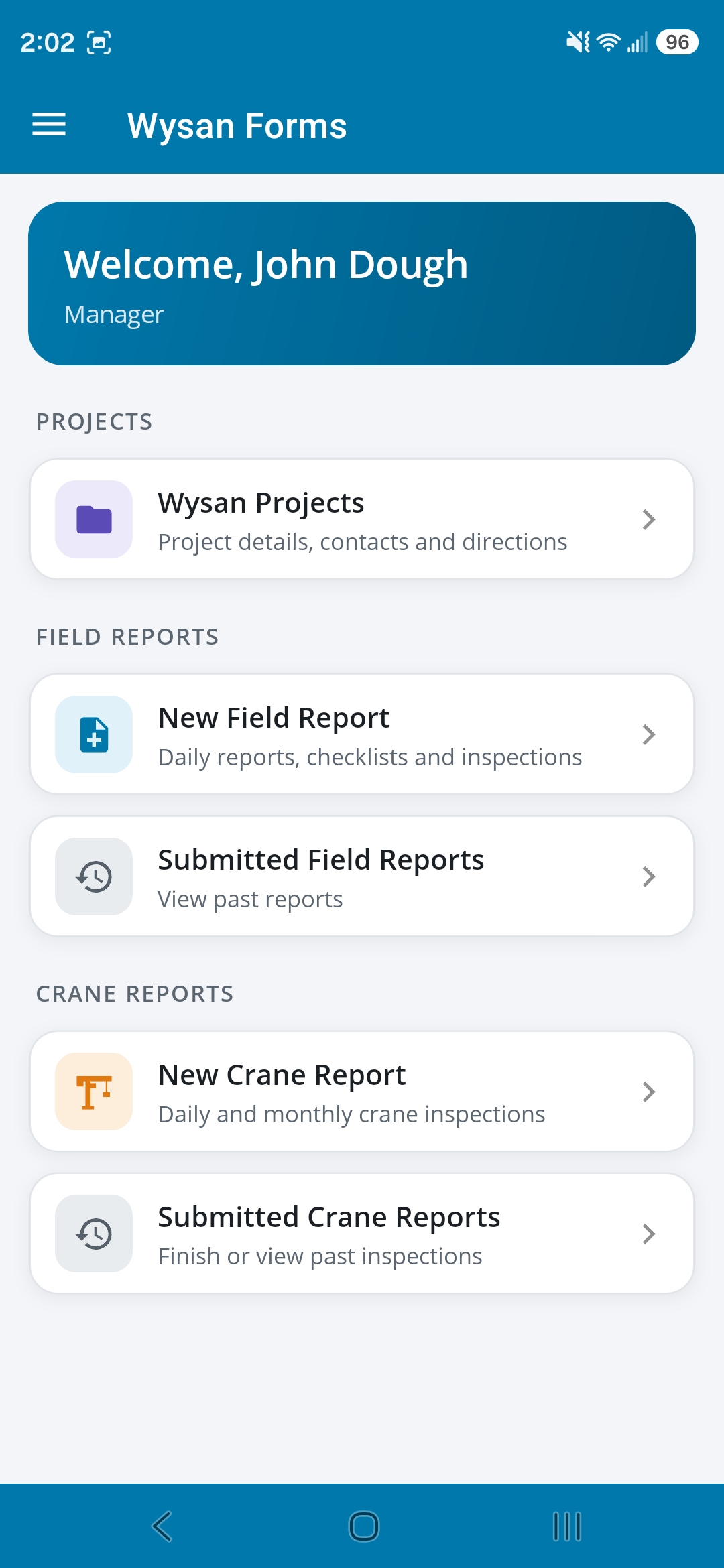 Wysan Forms mobile app home screen with project, field report and crane report options